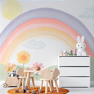 Papel de Parede Infantil Personalizado Arco íris e Sol de Girassol Aquarela