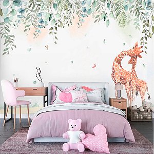 Papel de Parede Infantil Personalizado Bebê Girafas Safari com Jardim Suspenso Aquarela