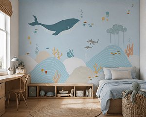 Papel de Parede Infantil Personalizado Sob Medida Non Woven Fundo do Mar - Baleia