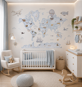 Papel de Parede Personalizado Infantil Mapa Mundi Azul