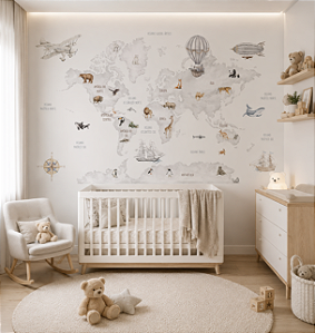 Papel de Parede Personalizado Infantil Mapa Mundi Cinza