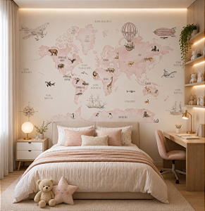 Papel de Parede Personalizado Infantil Mapa Mundi Rosa