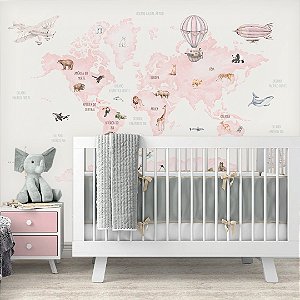 Papel de Parede Infantil Personalizado Mapa Mundi Rosa