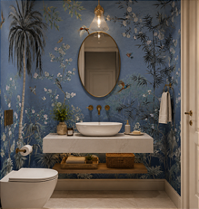 Papel de Parede Personalizado Lavabo Papel de Parede Personalizado Jardim Oriental Azul Non Woven