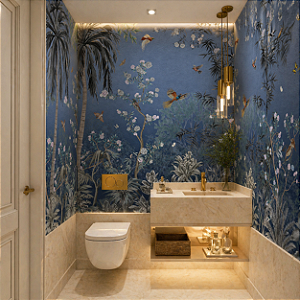 Papel de Parede Personalizado Lavabo Papel de Parede Personalizado Jardim Oriental Azul Non Woven