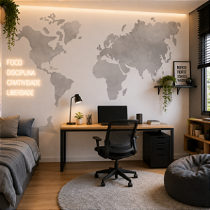 Papel de Parede Quarto Personalizado Mapa Mundi Cinza Aquarela