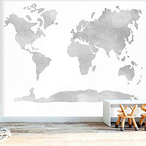 Papel de Parede Quarto Personalizado Mapa Mundi Cinza Aquarela