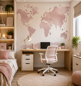 Papel de Parede Quarto Personalizado Mapa Mundi Rosa Aquarela