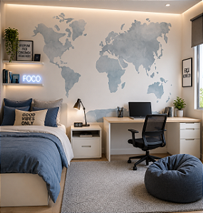 Papel de Parede Quarto Personalizado Mapa Mundi Azul Aquarela