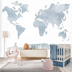 Papel de Parede Quarto Personalizado Mapa Mundi Azul Aquarela