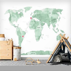 Papel de Parede Personalizado Mapa Mundi Aquarela Verde