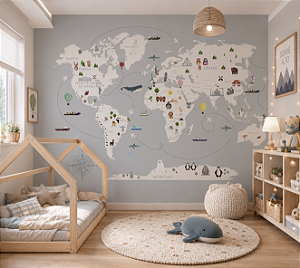 Papel de Parede Personalizado Quarto Infantil Mapa Mundi Fundo Cinza com Nome dos Países