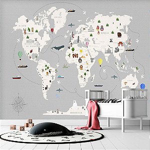 Papel de Parede Quarto Infantil Mapa Mundi Fundo Cinza com Nome dos Países