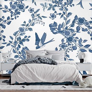 Papel de Parede Personalizado Floral Andorinha Azul
