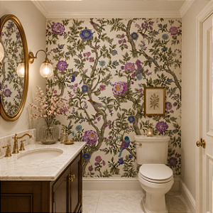 Papel de Parede Personalizado Flores e Pássaros Roxo
