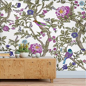 Papel de Parede Personalizado Flores e Pássaros Roxo