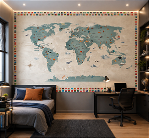 Papel de Parede Personalizado Mapa Mundi - Bandeiras