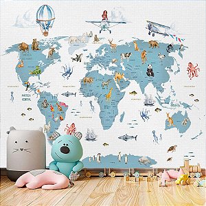 Papel de Parede Personalizado Quarto Infantil Mapa Mundi Azul com Nome dos Países