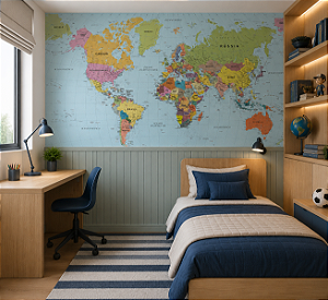 Papel de Parede Personalizado Mapa Mundi Atlas Azul Claro