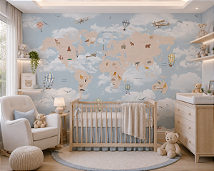 Papel de Parede Personalizado Infantil Mapa Mundi Animais Sob Medida