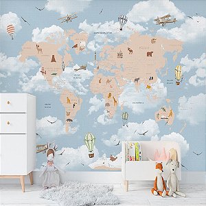 Papel de Parede Personalizado Infantil Mapa Mundi Animais Sob Medida