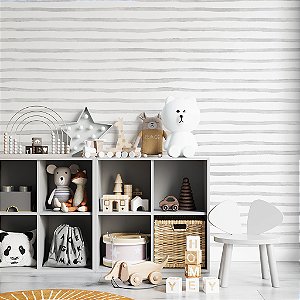 Papel de Parede Personalizado Quarto Infantil Listras em Aquarela Assimétricas Horizontal Cinza