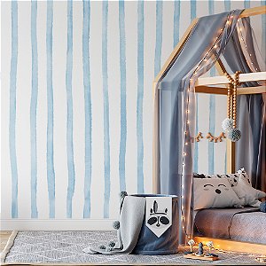 Papel de Parede Personalizado Quarto Infantil Listras em Aquarela Assimétricas Azulado