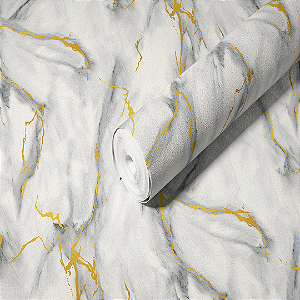 Papel de Parede Importado Textura Mármore Cinza com Dourado Vinílico VT63 - Rolo de 10 metros