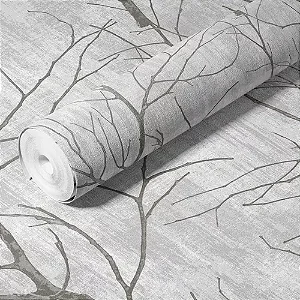 Papel de Parede Importado Texturizado Galhos Cinza Vinílico VT37 - Rolo de 10 metros