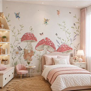 Papel de Parede Infantil Quarto Personalizado Cogumelos e Fadas