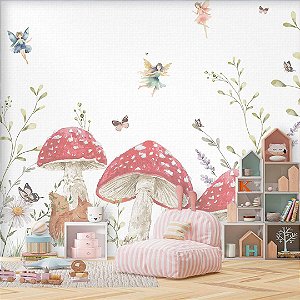 Papel de Parede Infantil  Quarto Personalizado  Cogumelos e Fadas