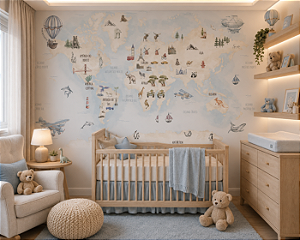 Papel de Parede Quarto Infantil Personalizado Mapa Mundi Azul Aquarela