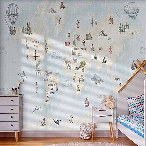 Papel de Parede Quarto Infantil Personalizado Mapa Mundi Azul Aquarela