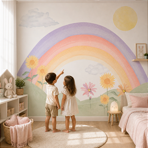 Papel de Parede Quarto Infantil Personalizado Arco-Íris Encanto