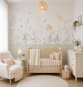 Papel de Parede Infantil Quarto Personalizado Jardim Aquarela Borboletas e Libélulas