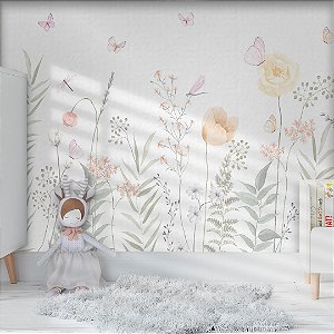 Papel de Parede Infantil Quarto Personalizado Jardim Aquerela Borboletas e Libélulas