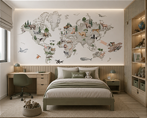 Papel de Parede Personalizado Quarto Menino Mapa Mundi Animais