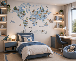 Papel de Parede Personalizado Quarto Menino Mapa Mundi Animais Azul