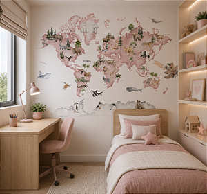 Papel de Parede Personalizado Quarto Menina Mapa Mundi Animais Rosa