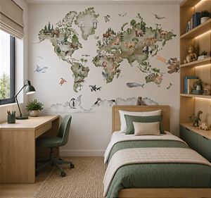 Papel de Parede Personalizado Quarto Menino Mapa Mundi Animais Verde