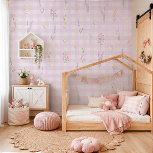 Papel de Parede Infantil Personalizado Xadrez Floral Lilás