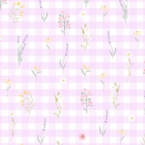 Papel de Parede Infantil Personalizado Xadrez Floral Lilás