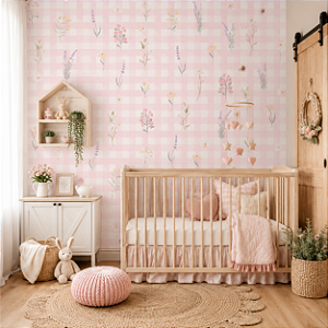 Papel de Parede Infantil Personalizado Xadrez Floral Rosa