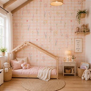 Papel de Parede Infantil Personalizado Xadrez Floral Laranja