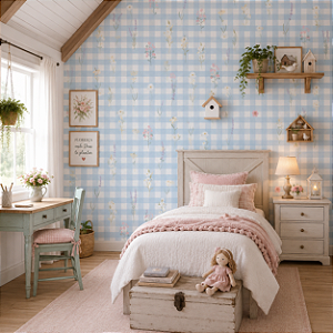 Papel de Parede Infantil Personalizado Xadrez Floral Azul