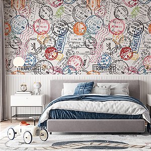 Papel de Parede Personalizado Quarto Carimbos de Viagem