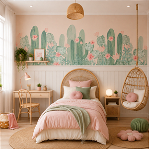 Papel de Parede Personalizado Quarto Menina Cactos Soft Aquarela