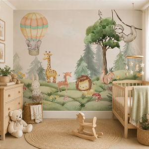 Papel de Parede Personalizado Quarto Bebê Cute Safari Aquarela