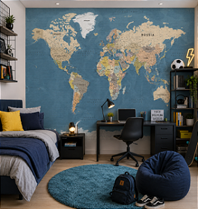 Papel de Parede Personalizado Quarto Mapa do Mundo Azul Sob Medida