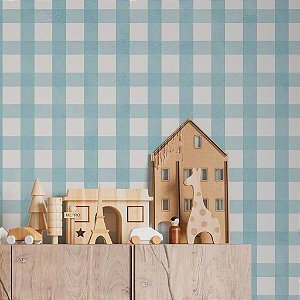 Papel de Parede Infantil Personalizado Xadrez Cimento Queimado Azul Claro